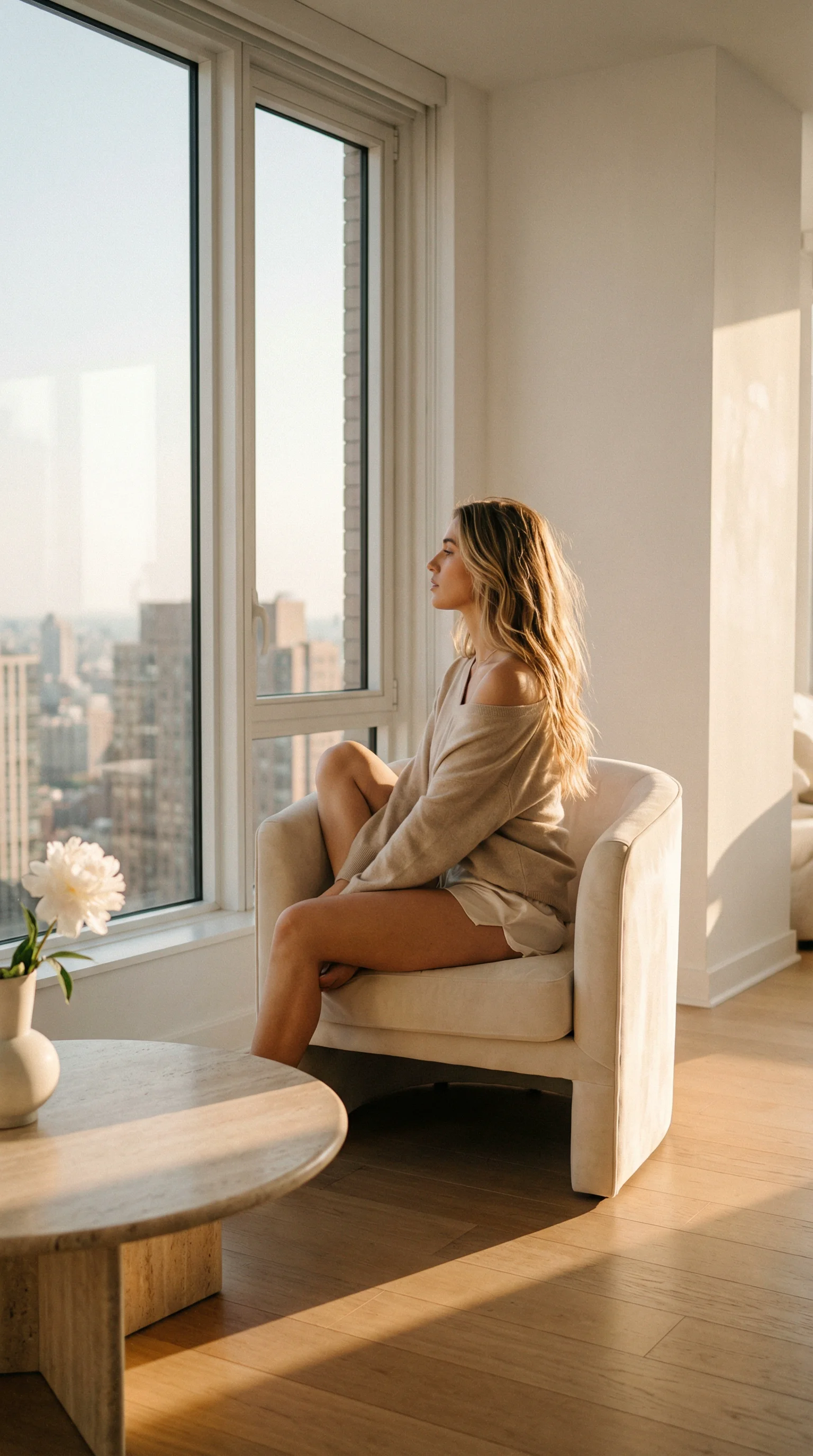 Creator in luxury penthouse with golden hour light